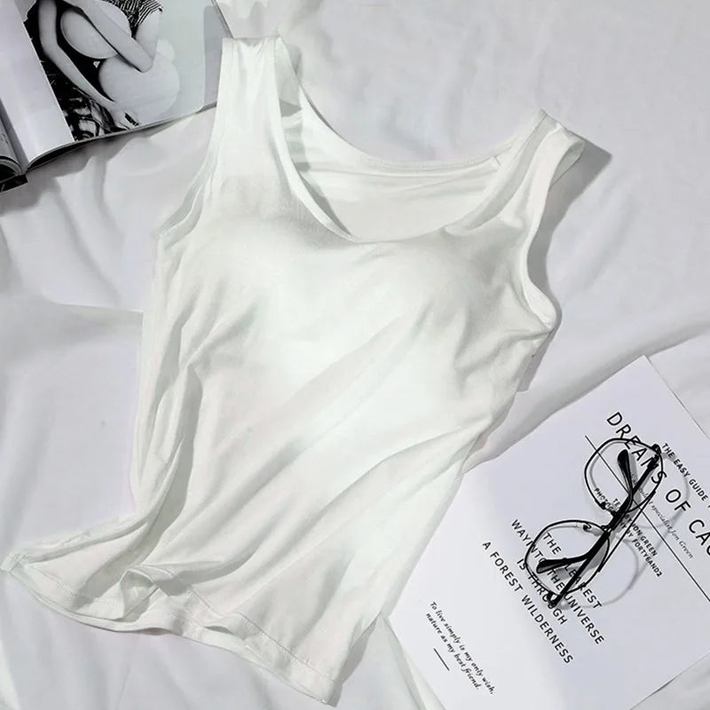 Women's Vest Tops With Built In Padded Bra Vest Slim Fit Tank Tops Sexy Shirts Feminino Casual Underlay Slimming Lingerie Top Quick Pick Grocers