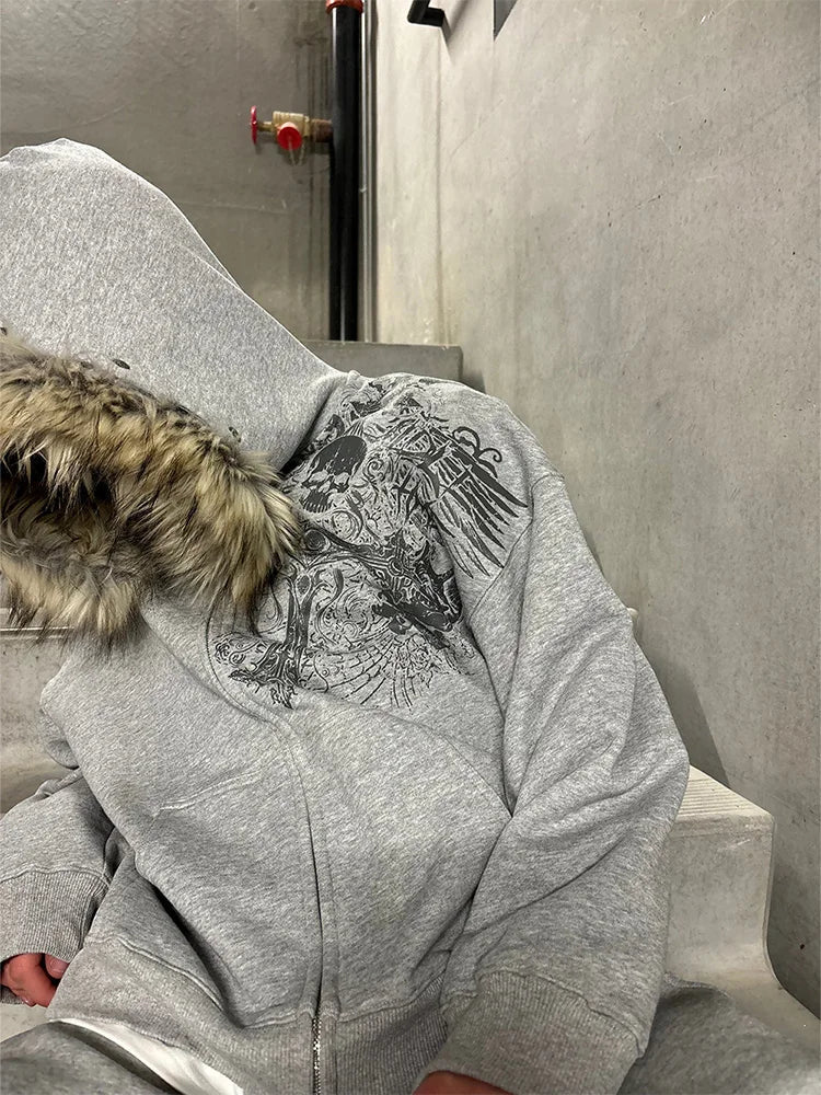 Autumn/Winter Y2k Women Aesthetic Harajuku Faux Fur Collar Hoodies Clothes Graphic Hip Hop Punk Gothic Zip Up Hoodies 2026 new Quick Pick Grocers