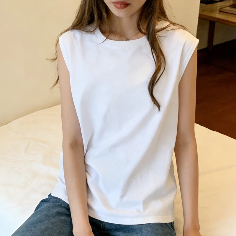 Woman Loose Sleeveless Tank Top Summer Casual Vest Basic Daily T-shirt Sweet Style Suitable For Students Stretchy Soft Lady Wear Quick Pick Grocers