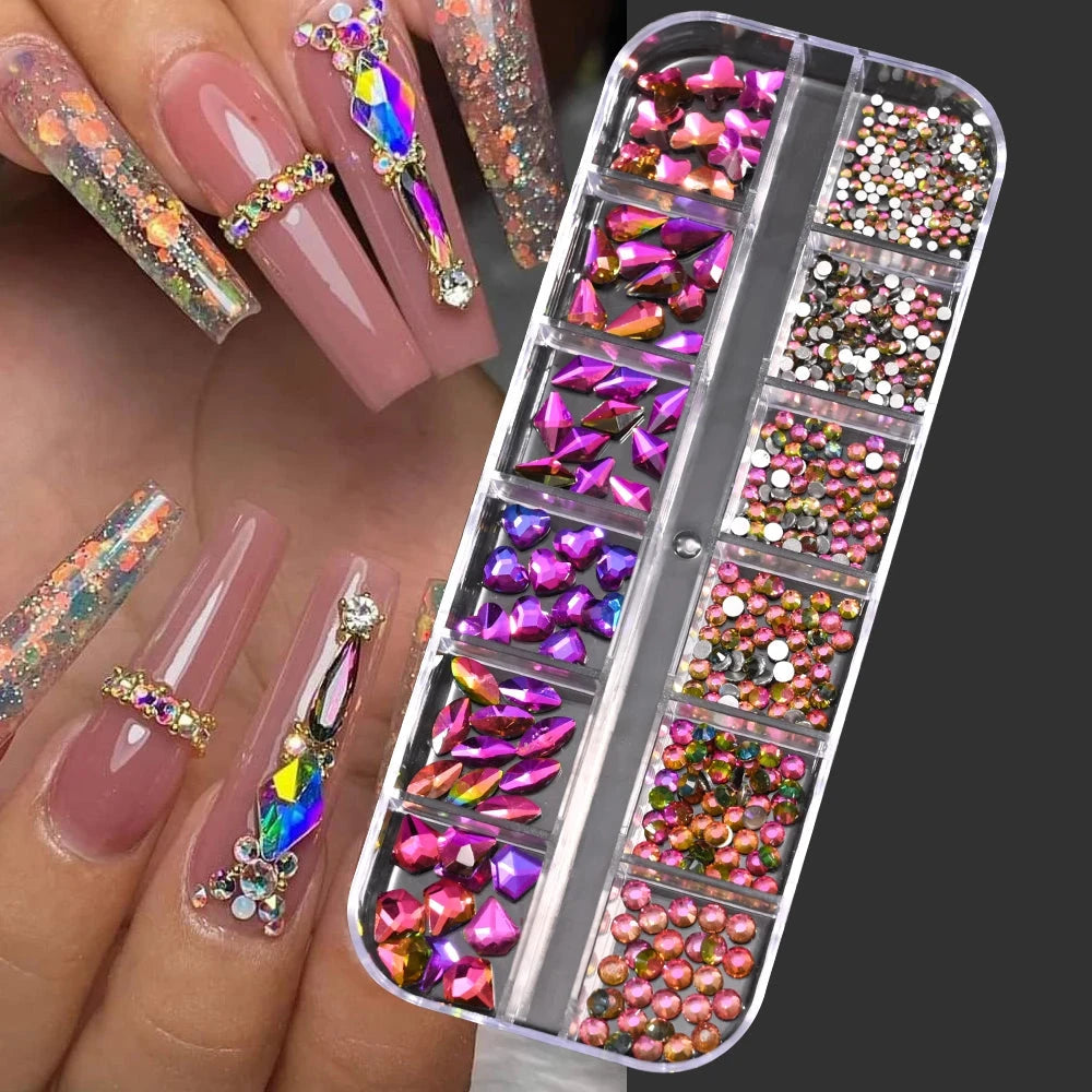 12Grids SS6-SS30 Mixed Nail Rhinestones Shiny Clear/Gold/Pink/Blue Diamond Flat-back Nail Gems Glass Stones Nails Decoration Econic Blanks