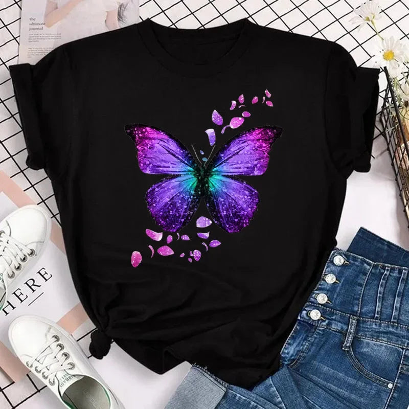 New Fashion Women T-shirt Colorful Butterfly Petal Print Short Sleeve and Round Neck Cute Graphic Tee Shirts Female Tops Clothin Quick Pick Grocers
