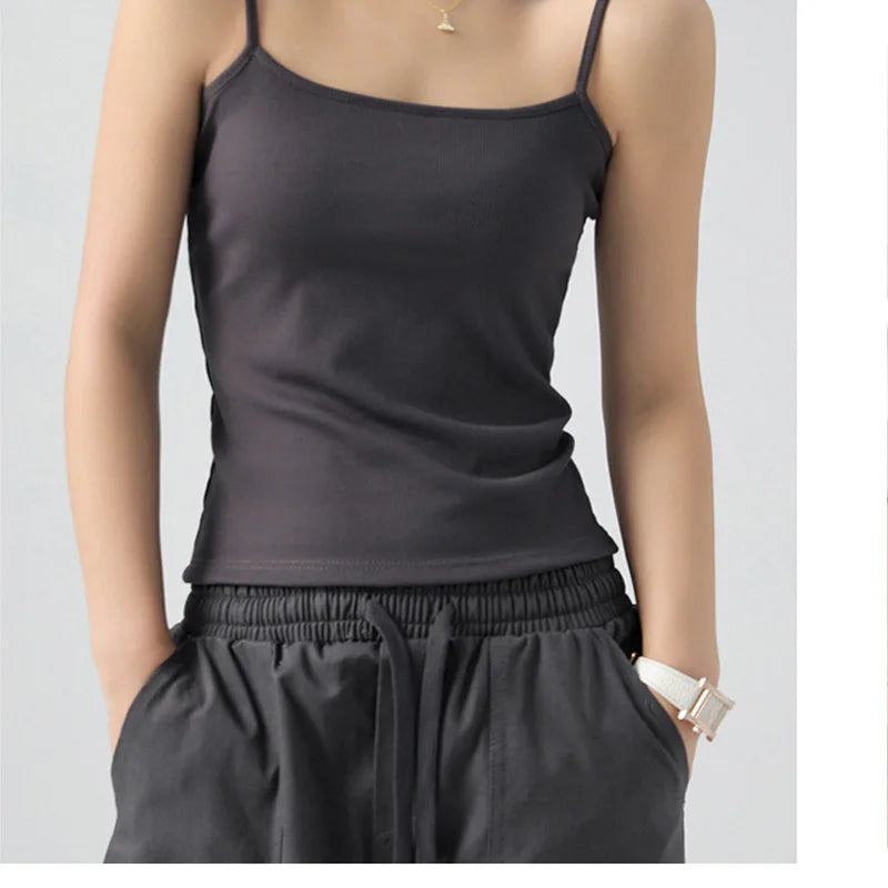 Women's Summer Basic Sleeveless Tank Top Spaghetti Strap Slim Fit Stretch Knitted Solid Color Camisole Quick Pick Grocers