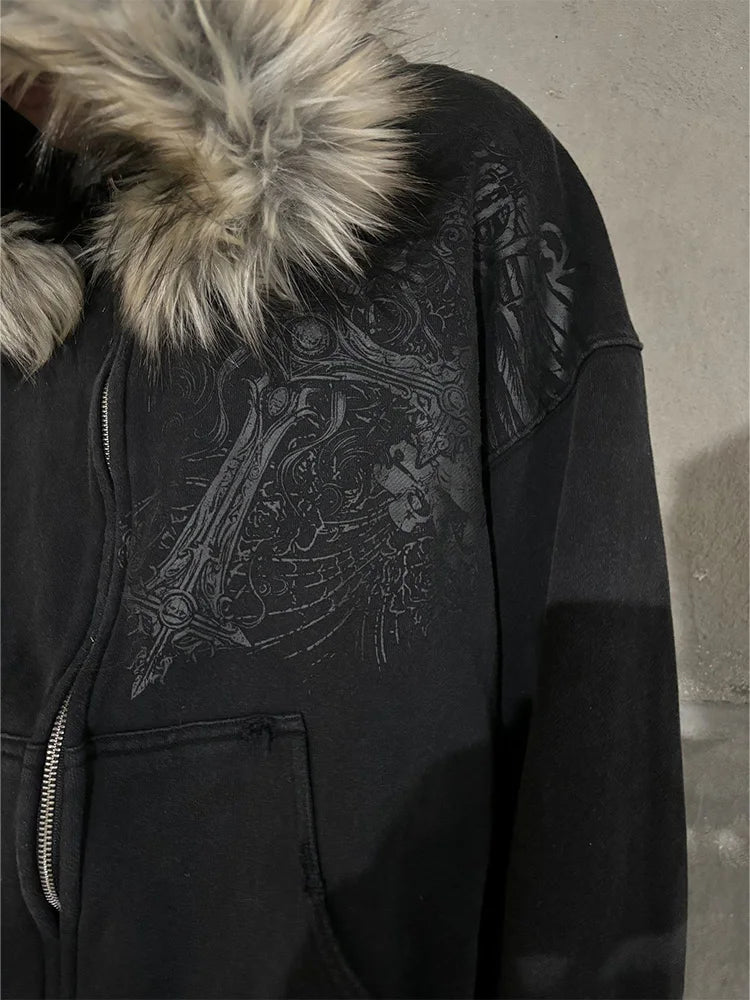Autumn/Winter Y2k Women Aesthetic Harajuku Faux Fur Collar Hoodies Clothes Graphic Hip Hop Punk Gothic Zip Up Hoodies 2026 new Quick Pick Grocers