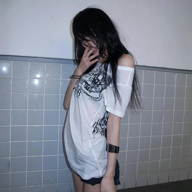 Karrram Japanese Y2k Letter Print T-shirt Trashy 2000s Style Tattoo T Shirt Vintage Harajuku Short Sleeve Sheer Tops Grunge Goth Quick Pick Grocers