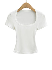 Women's Slim Fit Square Collar Crop Top High Stretch Short Sleeve Pullover Sexy Summer Blouse T-shirt for Bottoming Quick Pick Grocers