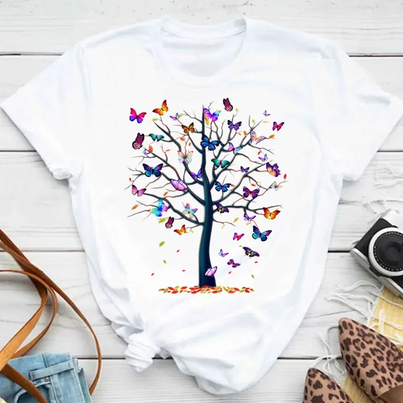 New Fashion Women T-shirt Colorful Butterfly Petal Print Short Sleeve and Round Neck Cute Graphic Tee Shirts Female Tops Clothin Quick Pick Grocers