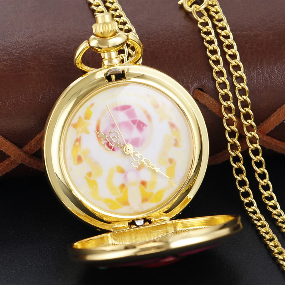 Japanese Anime Beauty Girl Gold Quartz Pocket Girl Vintage Fob Watch Children's Gift Women Pendant Necklace Souvenir Quick Pick Grocers