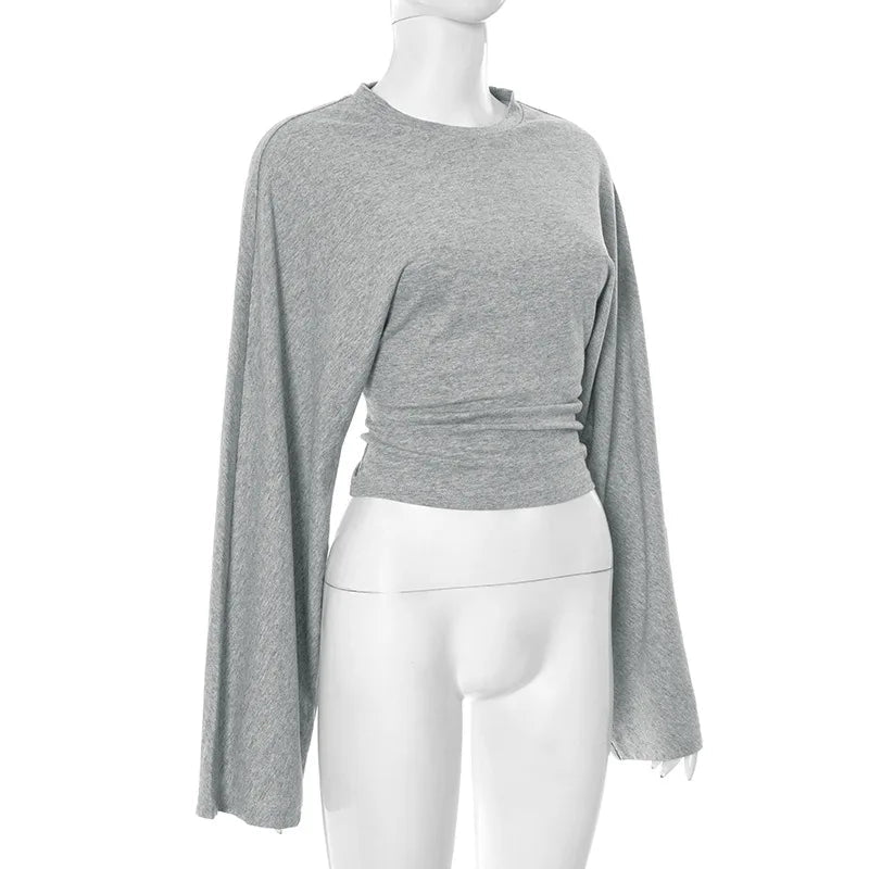Women's Long Sleeve O-Neck Skinny T-Shirt Monochromatic Crop Top Casual Y2K Streetwear Fashion Pullover Summer Outfit Quick Pick Grocers