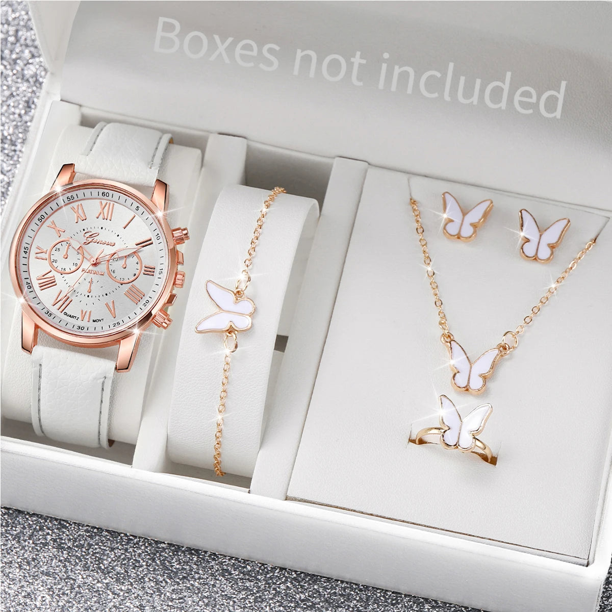 5/6PCS Fashion Women's Quartz Watch Leather Band Analog Wrist Watches Heart Rhinestone Jewelry Set(Without Box) Quick Pick Grocers