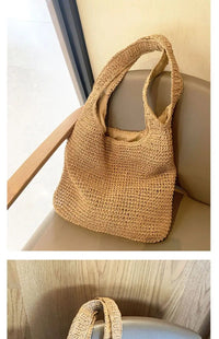 French Style Large Capacity Woven Straw Woven Bag for Women New Beach Vacation Shoulder Bag Casual Commuting Tote Bag Purse Quick Pick Grocers