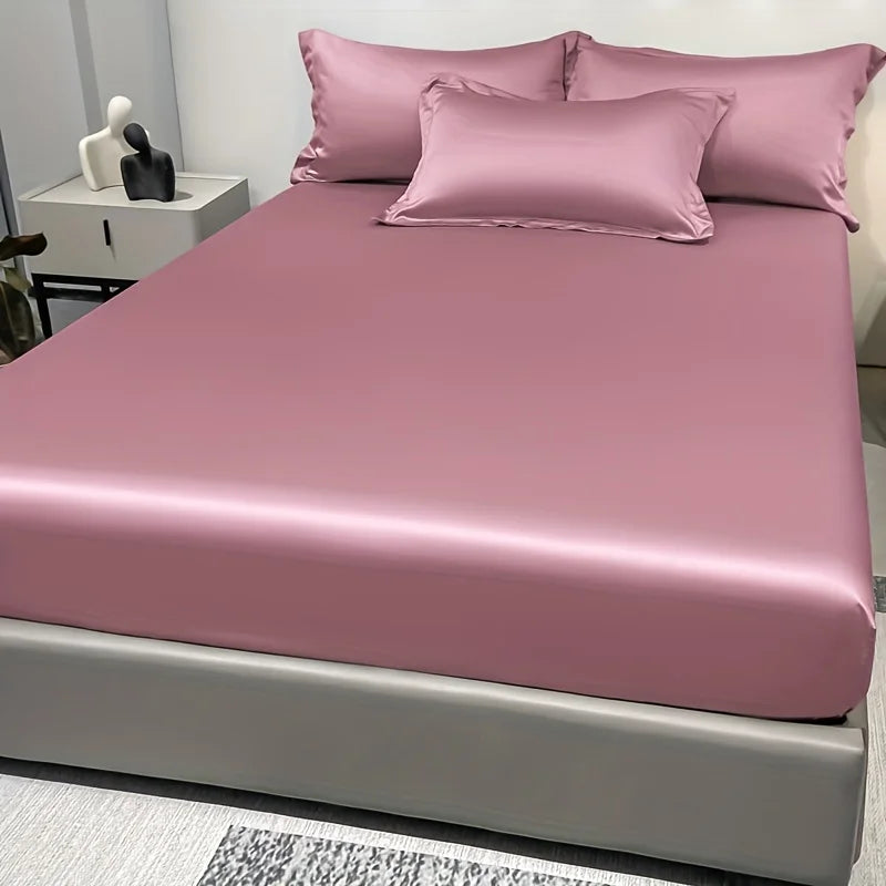 1 Simple Modern Satin Solid Color Fitted Sheet, Solid Color Ice Silk Bedspread For Bedroom, Bedding (Excluding Pillowcases) Quick Pick Grocers