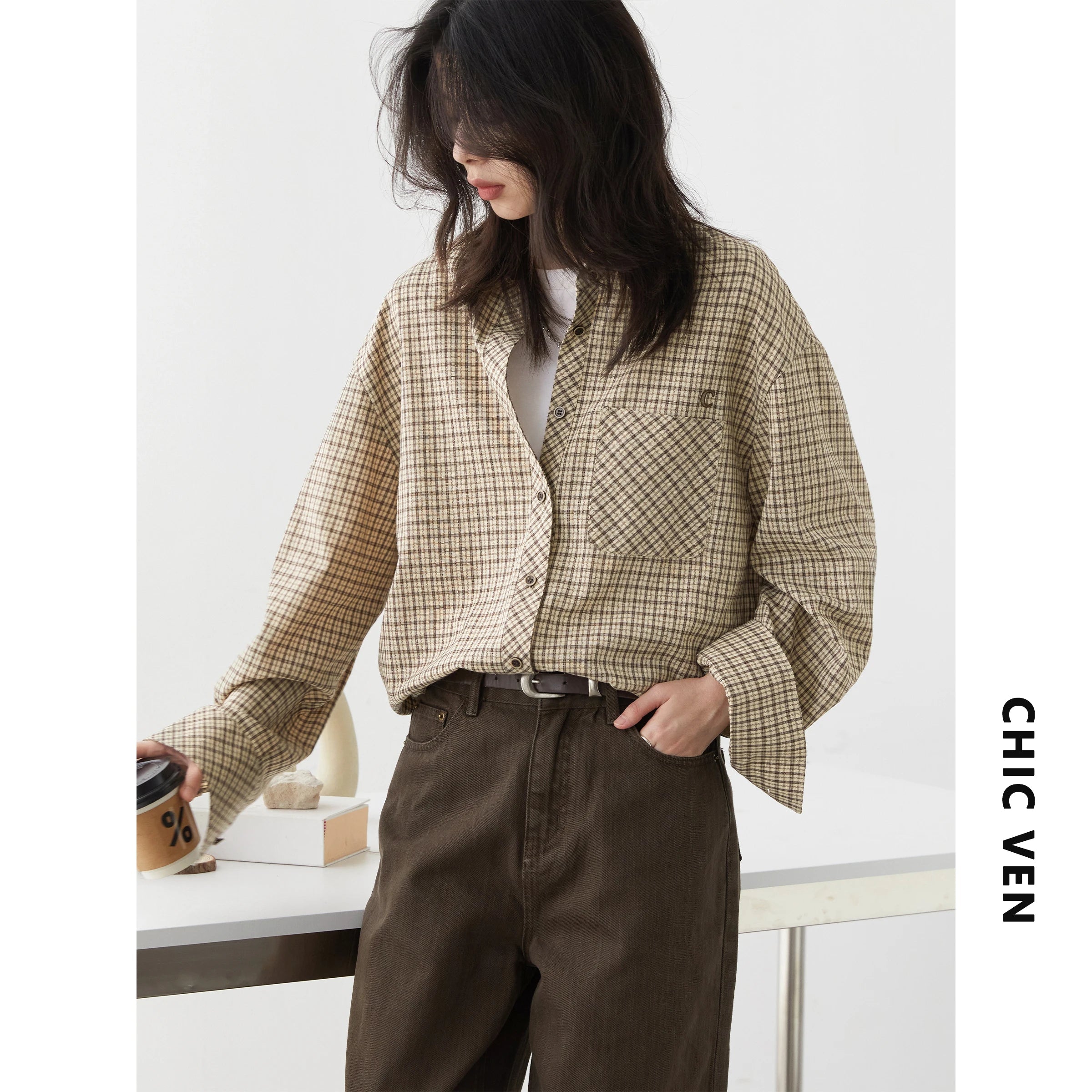 CHIC VEN Women Shirt Loose Casual Single-breasted New Retro Contrast Plaid Embroidered Blouses Female Top Autumn Winter 2025 Quick Pick Grocers