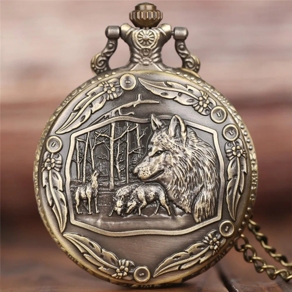 Vintage Bronze Wolf Animal Head Relief Quartz Pocket Watch with Necklace Chain Pendant Great Gift for Men's Kids Clock Watch Quick Pick Grocers