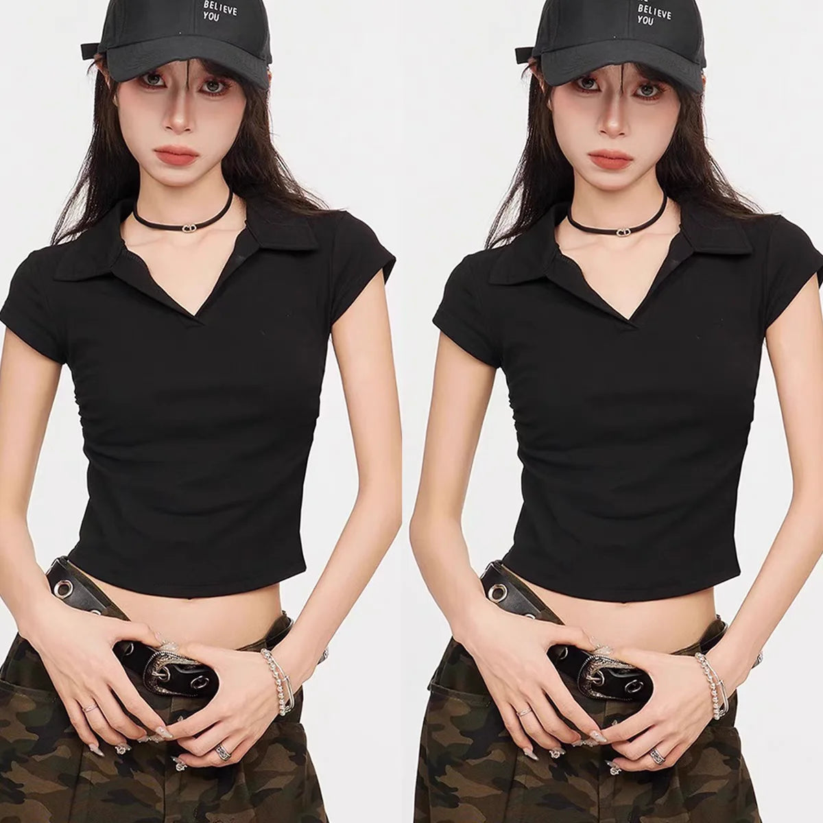 Cotton Summer Sexy Women's T Shirt Skinny Slim Basic Solid Crop Top Short Sleeve Polo TShirtCasual Top Tee for Women Quick Pick Grocers