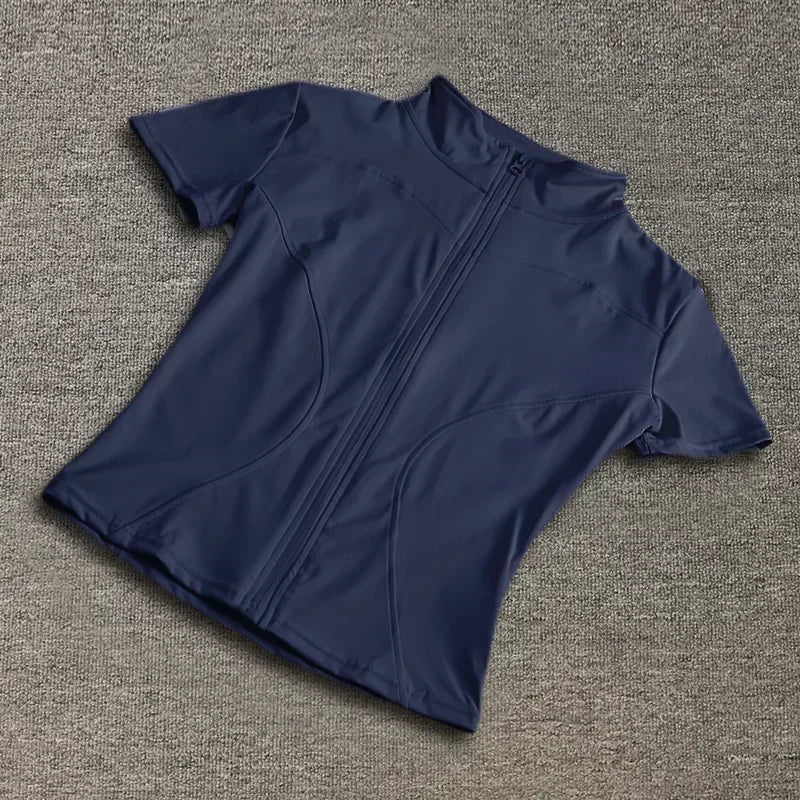 Summer High Quality Waist Slimming Training Tops Women's Quick-drying Tight Stand Collar Full Zipper Short Sleeves Yoga shirts Quick Pick Grocers