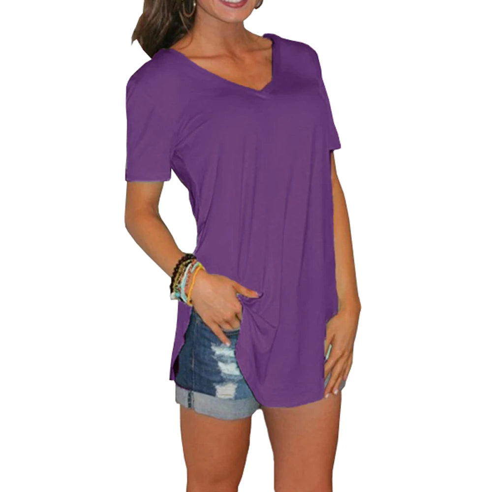 Summer solid color blouse V-neck short sleeve loose T-shirt hem arc women clothes Quick Pick Grocers