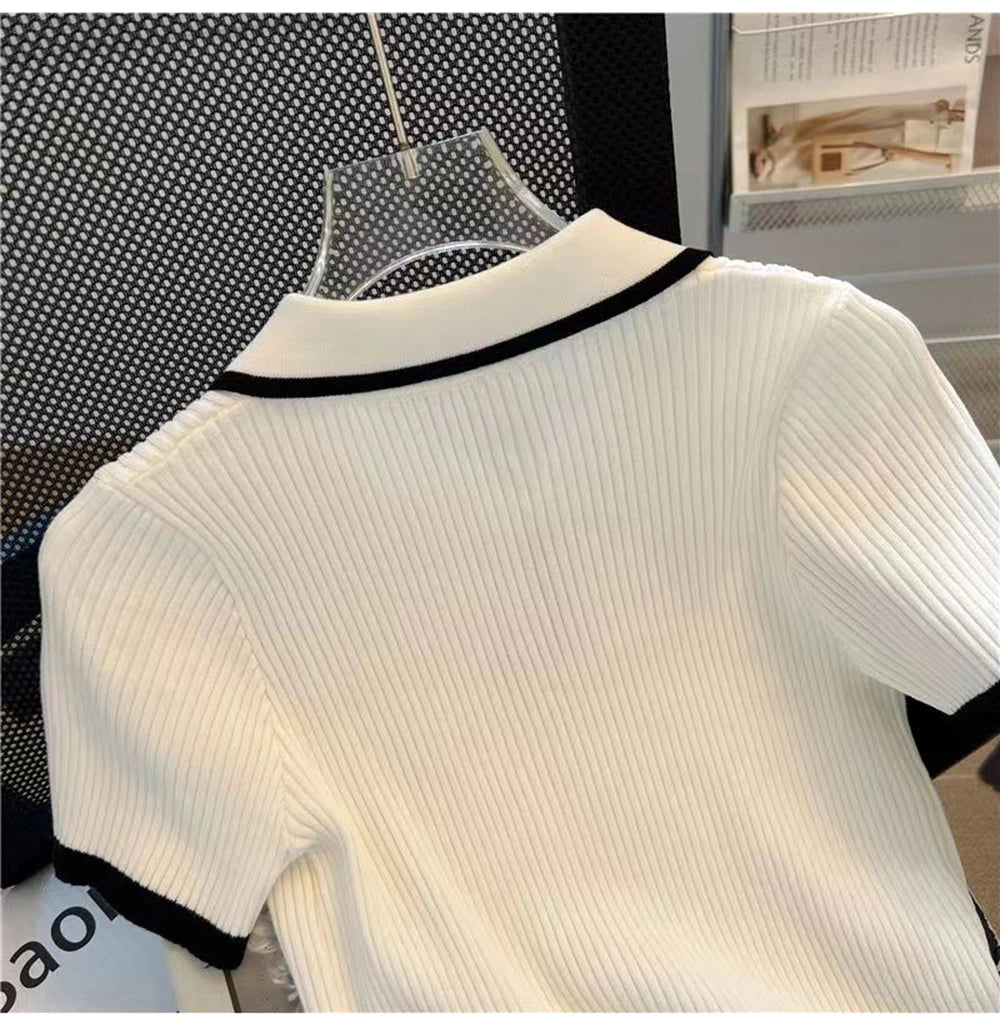 Ice silk knitted short sleeved T-shirt for women's summer 2024 new fashionable and stylish polo shirt top Quick Pick Grocers