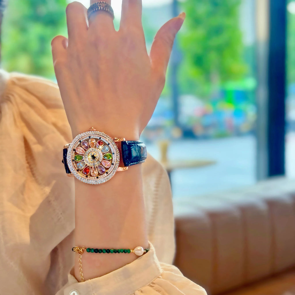 1pc Dazzling And Fashionable Women's Quartz Watch With Colorful Rhinestone Inlay, Featuring An Alluring Rotatable Dial, Durable Quick Pick Grocers