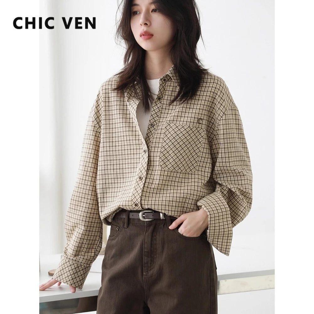 CHIC VEN Women Shirt Loose Casual Single-breasted New Retro Contrast Plaid Embroidered Blouses Female Top Autumn Winter 2025 Quick Pick Grocers