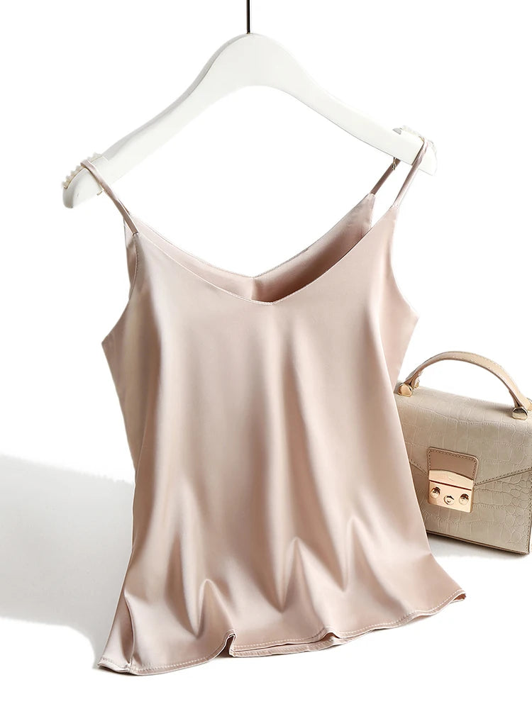 AOSSVIAO 2026 Spaghetti Strap Top Women Halter V Neck Basic White Cami Sleeveless Satin Silk Tank Tops Women'S Summer Camisole Quick Pick Grocers