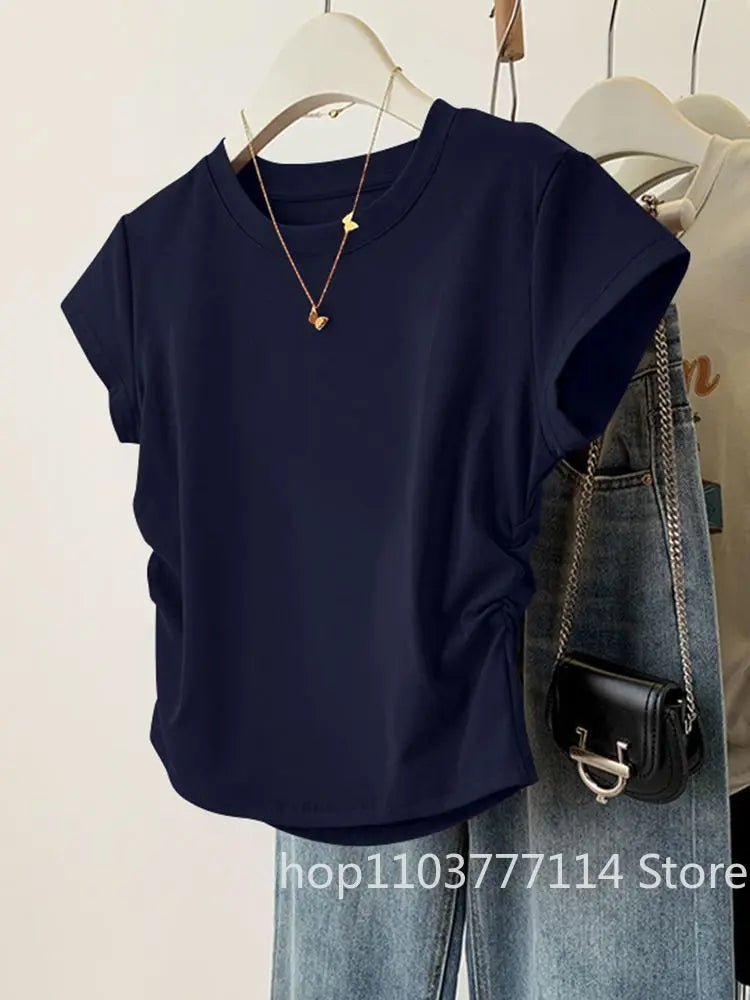 Women Summer Short Sleeved Top for Fashion Versatile Base Shirt Slim Fit Round Neck T-shirt Casual and Sexy Breathable and Cool Quick Pick Grocers