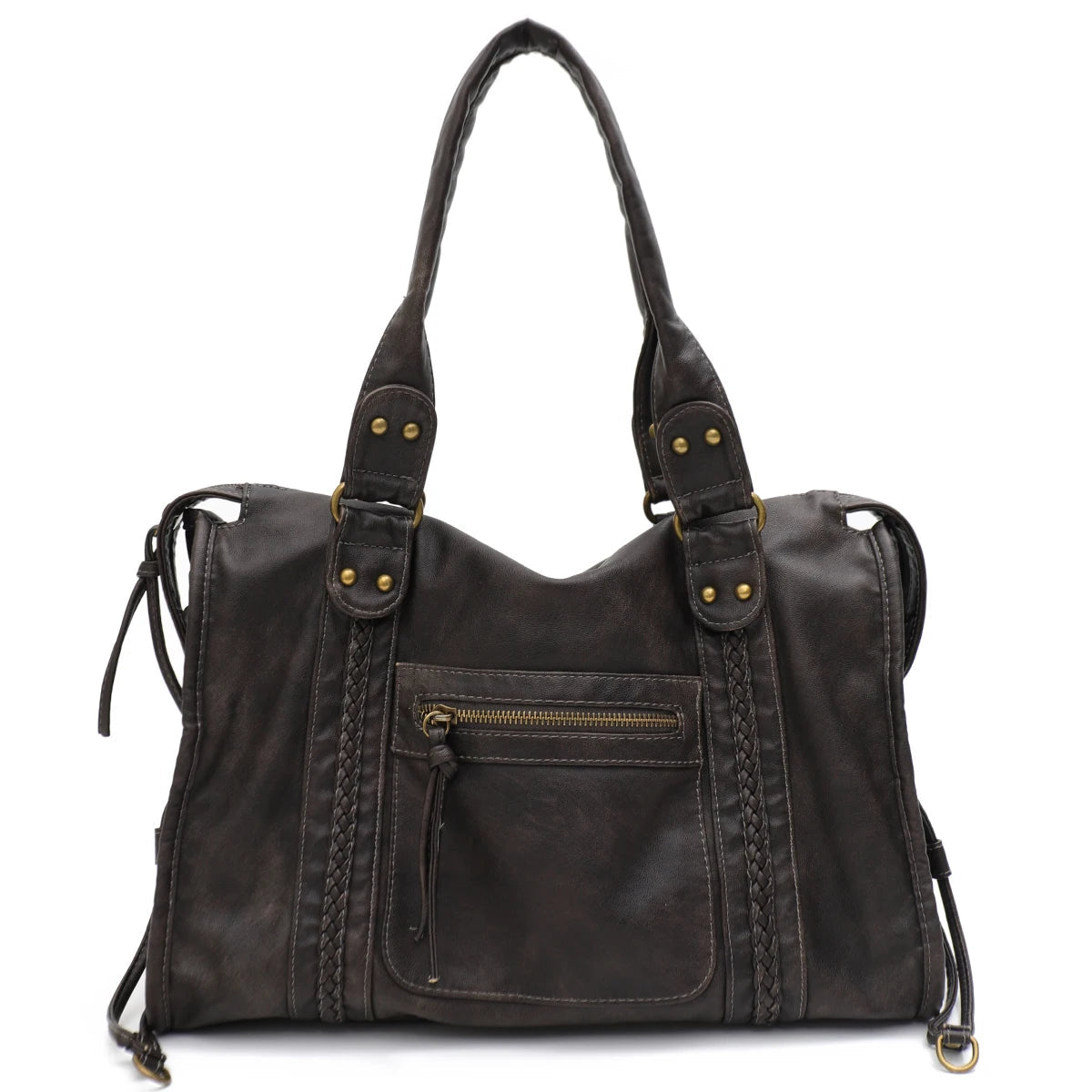 Vintage Washed PU Leather Large Capacity Tote Zip Pockets Braid Decor Shoulder Cross body Bag Unisex Women Daily Travel Handbag Quick Pick Grocers