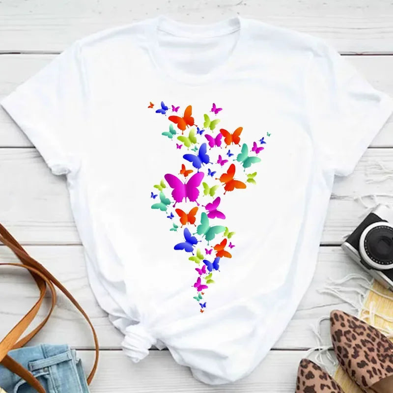 New Fashion Women T-shirt Colorful Butterfly Petal Print Short Sleeve and Round Neck Cute Graphic Tee Shirts Female Tops Clothin Quick Pick Grocers