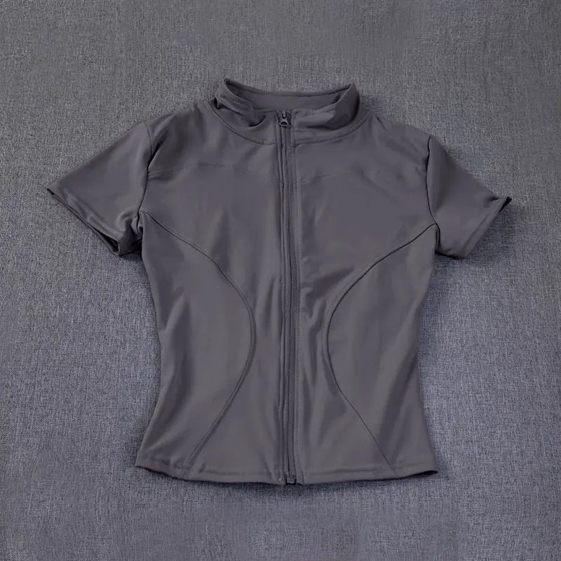 Summer High Quality Waist Slimming Training Tops Women's Quick-drying Tight Stand Collar Full Zipper Short Sleeves Yoga shirts Quick Pick Grocers
