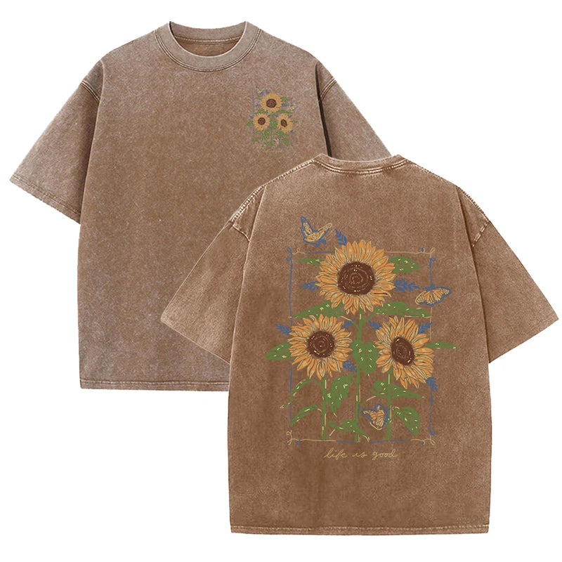 Lift Is Good Beautiful Sunflower Print Washed T Shirts Women Soft Cotton T-Shirt Street Creative Short Sleeve Summer Casual Tops Quick Pick Grocers