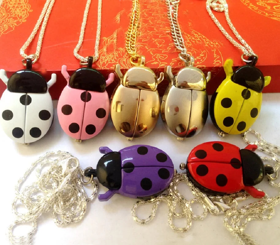 New Fashion Cute Small Golden Beetle Pocket Watchs With Chain Lightweight Necklace Pendant Clock Adult Children Ladybug Watch Quick Pick Grocers