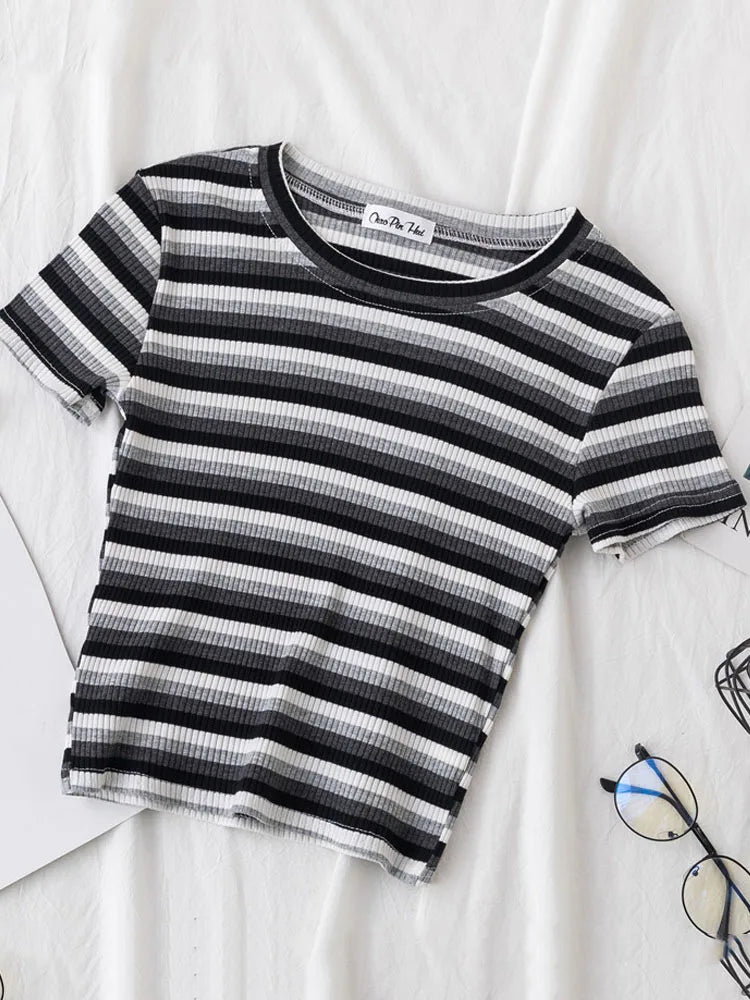 New T Shirt Women Rainbow Striped Tops Slim Fit t shirt Harajuku Tshirt Summer Short Sleeve Korean T-shirt feminina Clothes Tops Quick Pick Grocers