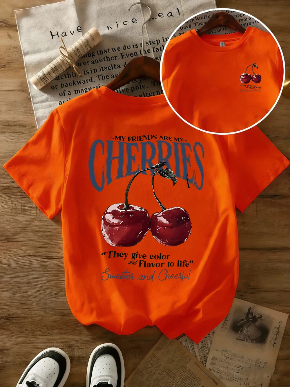 Summer Sweeter Cherries Prints T-Shirts Womens Cotton Oversized T Shirts Basic O-Neck Short Sleeve Tops Casual Woman Clothes Quick Pick Grocers