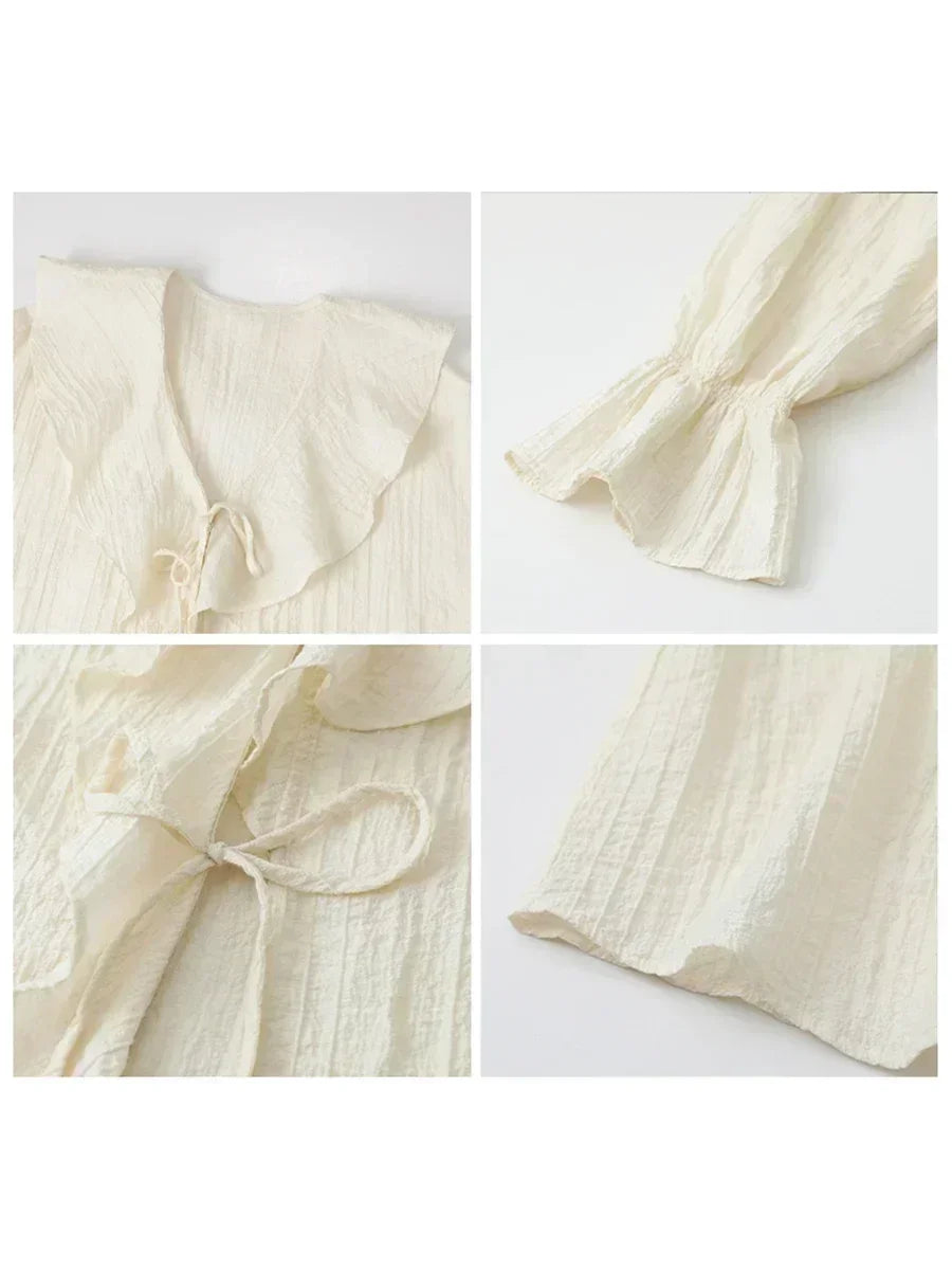CHIC VEN Women Shirt Loose Casual Ruffled Edges Female Blouses Solid V Neck Lace Up Mid Length Ladies Shirts Spring Summer 2026 Quick Pick Grocers
