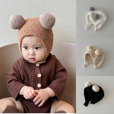 Cute Winter Warm Kids Girl Boys Baby Hats Fleece Wool Hemming Caps with Ball Solid Wool Ear Protection Hats Soft Newborn Bonnet Purest Peak