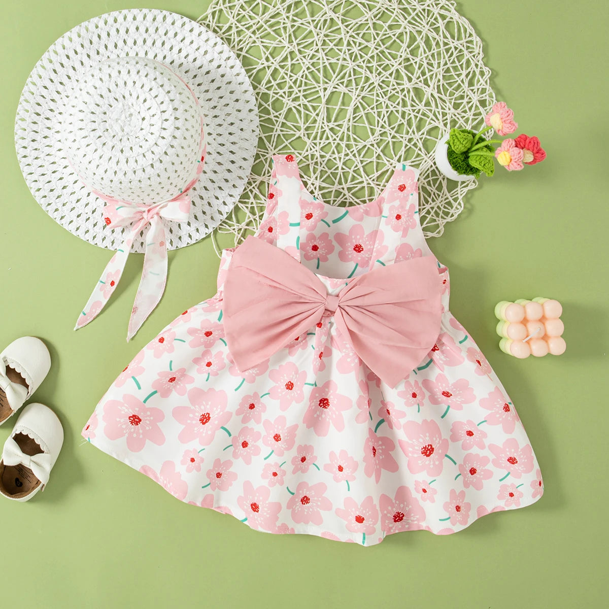 (0-2 Year Old Baby Girl Floral Dress) Summer New Sweet Bow Children'S Sleeveless Clothes With Free Hat For Beach Party Quick Pick Grocers