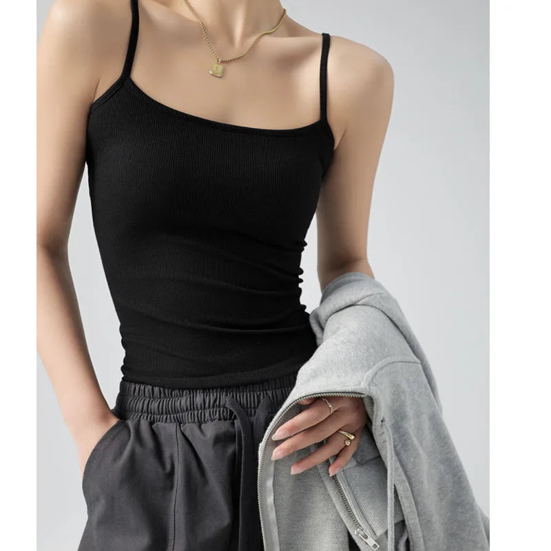 Women's Summer Basic Sleeveless Tank Top Spaghetti Strap Slim Fit Stretch Knitted Solid Color Camisole Quick Pick Grocers