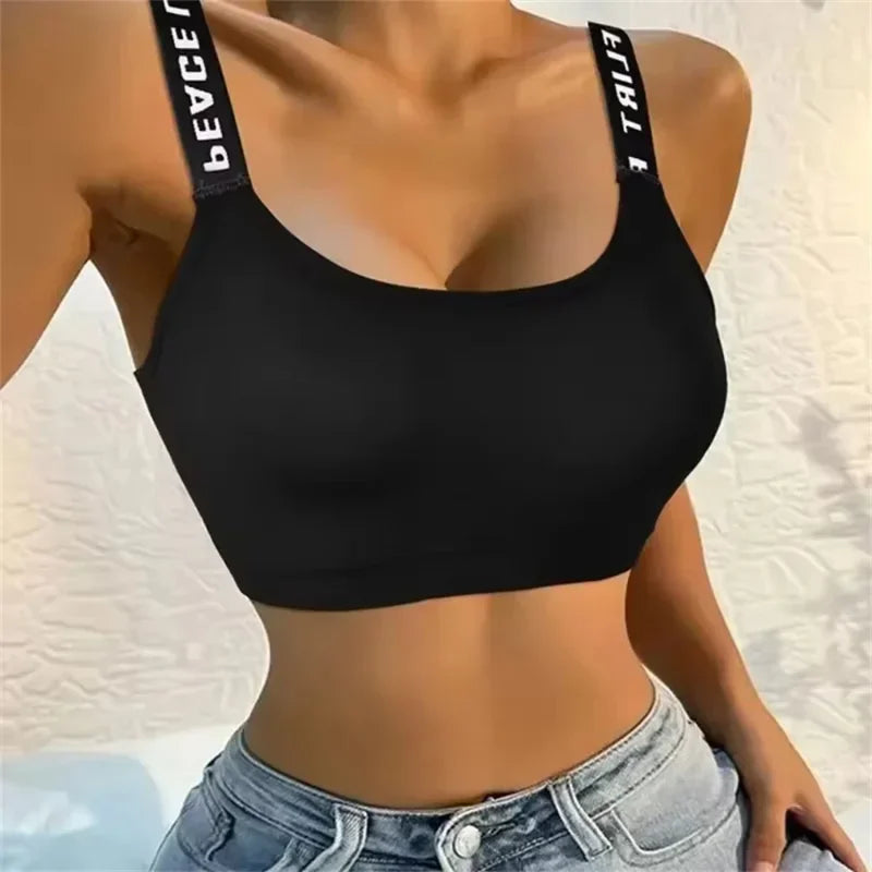 Sports Underwear Women Yoga Fitness Seamless Crop Top Wide Letter Straps Comfortable Workout Activewear Back Without Underwire I Quick Pick Grocers