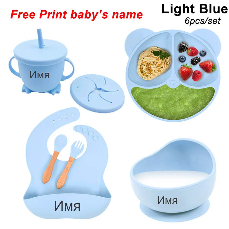 Baby Feeding Plate Sets Suction Bowl Silicone Plate For Kids 6Pcs Children Tableware Personalized Name Dinner Dishes Cups Spoon Purest Peak