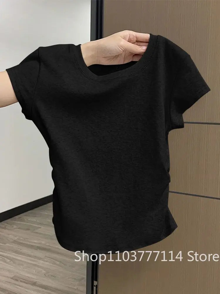 Women Summer Short Sleeved Top for Fashion Versatile Base Shirt Slim Fit Round Neck T-shirt Casual and Sexy Breathable and Cool Quick Pick Grocers