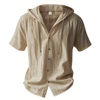 Cotton Linen Shirt for Men Hooded Short Sleeve Solid Color Breathable Lightweight Drawstring Design Shirts Casual Basic Tees Quick Pick Grocers