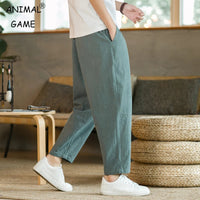 Men's Trousers Cotton Linen Fashion Casual Pants Solid Color Breathable Loose Shorts Straight Drawstring Pants Streetwear Men Quick Pick Grocers