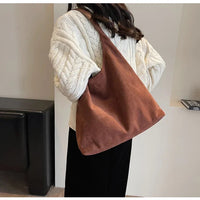 Autumn and Winter Vintage Women's Bag Large Capacity Suede Shoulder Bag Solid Color Simple Casual Commuter Bag Retro Handbags Quick Pick Grocers