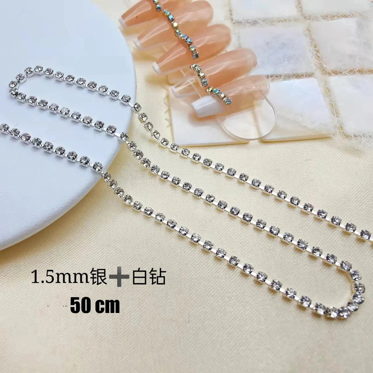 100/50cm Long Luxury Crystal Chain Nail Charms 1.5/2mm Shinying Clear/AB Diamond Nail Art Metal Steel French Manicure Crystal Econic Blanks