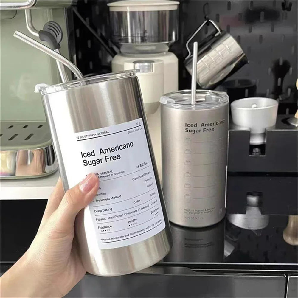 Portable 600ml Thermos Cup 304 Stainless Steel Coffee Mug Thermal Leak-proof Water Bottle with Straw Insulated Bottle Drinkware Quick Pick Grocers