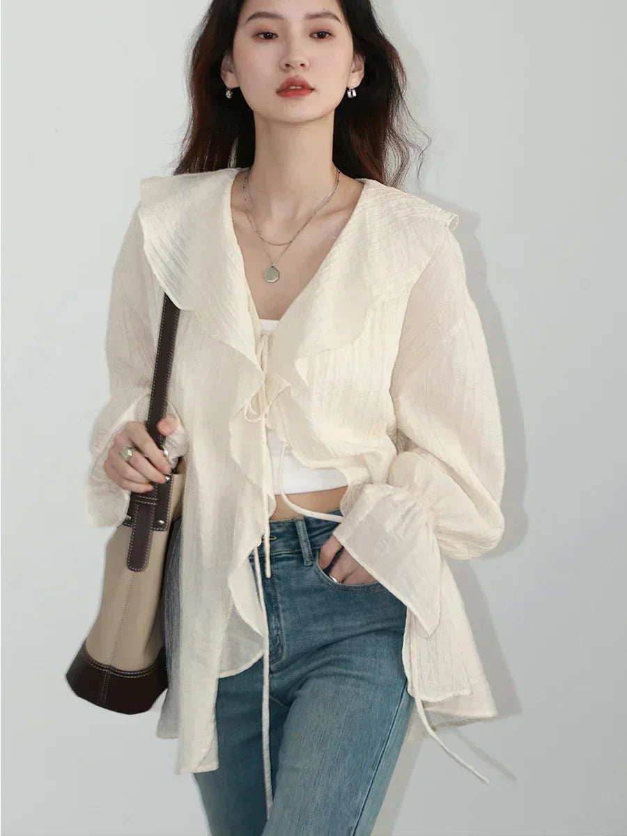 CHIC VEN Women Shirt Loose Casual Ruffled Edges Female Blouses Solid V Neck Lace Up Mid Length Ladies Shirts Spring Summer 2026 Quick Pick Grocers
