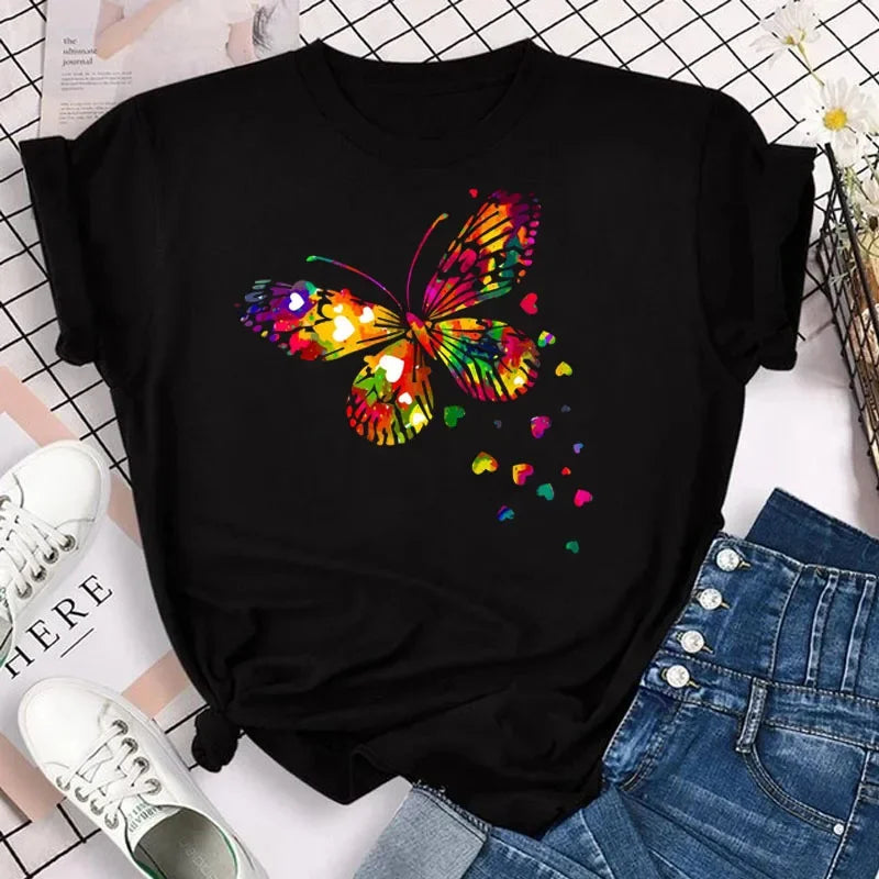 New Fashion Women T-shirt Colorful Butterfly Petal Print Short Sleeve and Round Neck Cute Graphic Tee Shirts Female Tops Clothin Quick Pick Grocers