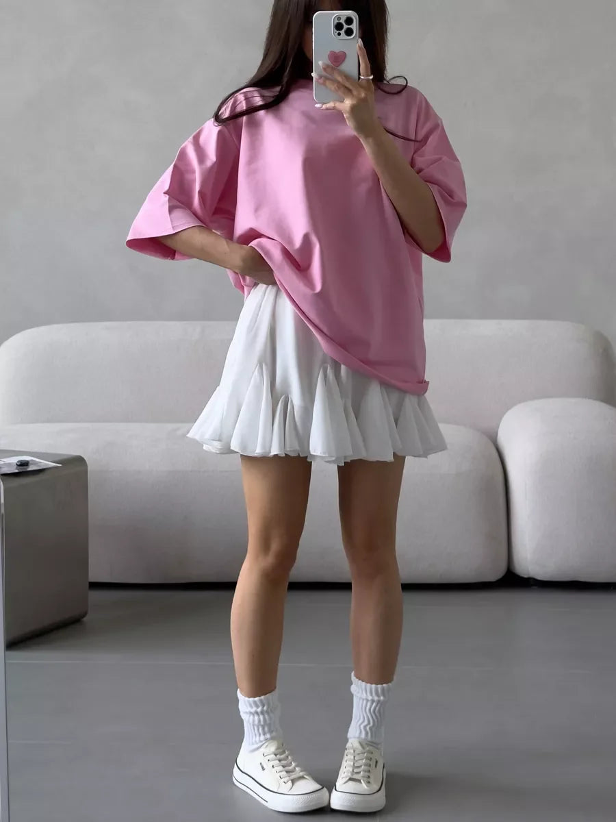 Hirsionsan Summer Casual Oversized T-shirts Women 100% Cotton Pink Loose Tees 2025 New Cusual Solid O Neck Female Aesthetic Tops Quick Pick Grocers