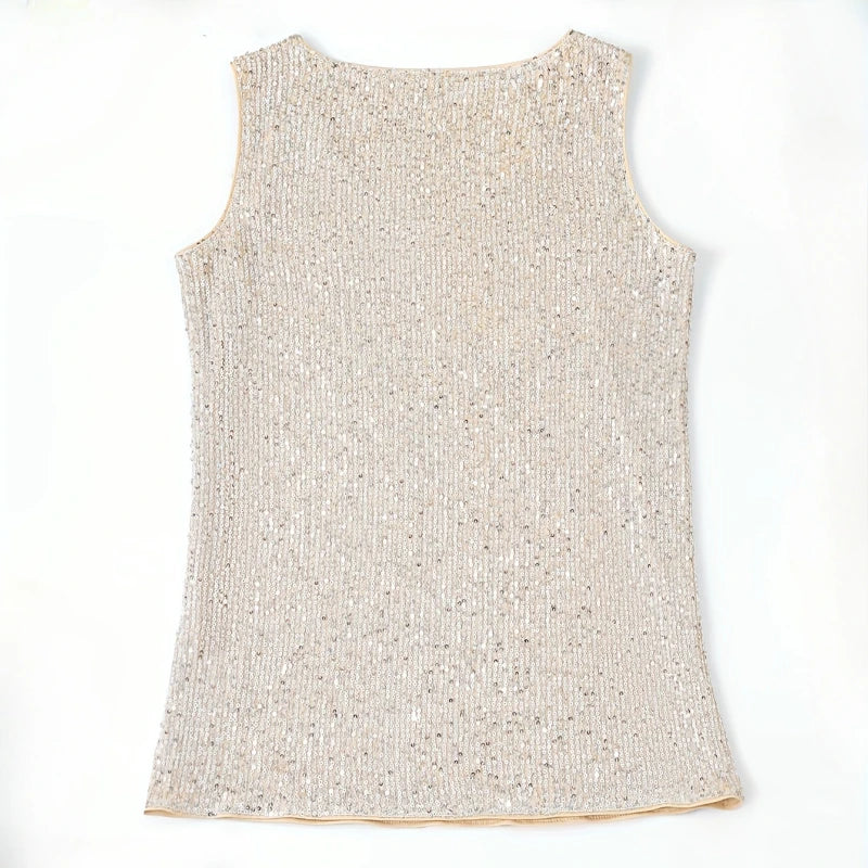 Women‘s Summer Fashion Deep V Neck Sequined Tank Top Stylish Sleeveless Polyester Top Sparkly Club Party Vest Blouses Quick Pick Grocers