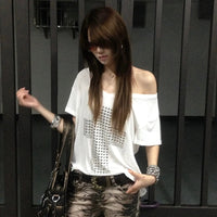 Karrram Japanese Y2k Metal Cross Print T-shirt Trashy 2000s V-neck Sheer Tops Vintage Harajuku Short Sleeve Streetwear Grunge Quick Pick Grocers