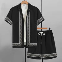 2024 New Men's Summer Holiday Suit Retro Textured Printed Border Shirt Short Sleeve Shorts Two Piece Men's Breathable Pool Suit Quick Pick Grocers
